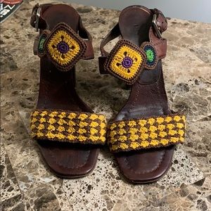 PRADA Brown Macrame TStrap Wooden Heel Slingback🤗